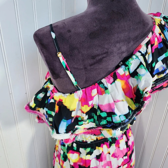 H&M Womens Dress sz 4 One Shoulder Bright Abstract Print Midi Ruffle Pink White - Picture 8 of 13